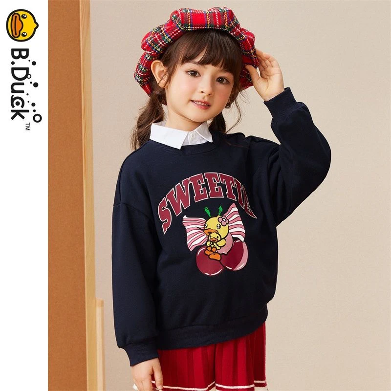 B.DUCK小黄鸭童装学院秋冬款红色上衣印花长袖卫衣儿童可爱潮女童