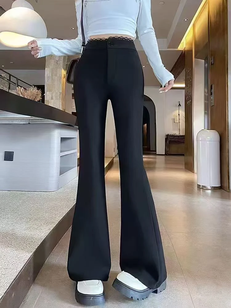 蕾丝拼接高腰微喇裤黑色显瘦垂感休闲喇叭裤马蹄裤