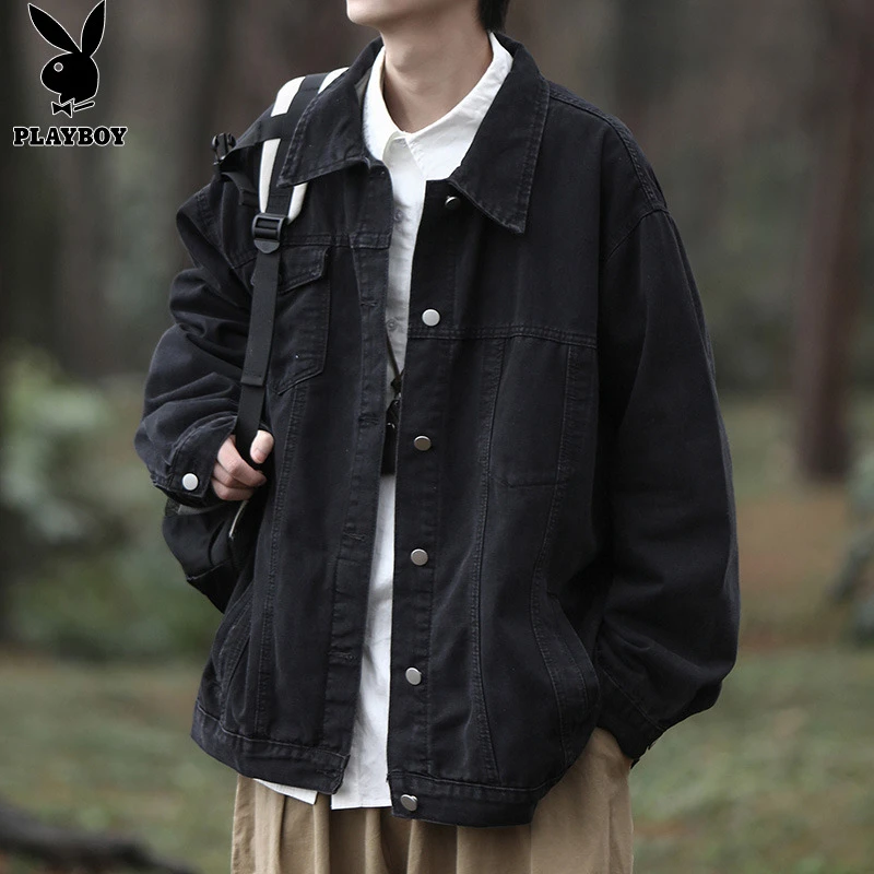 花花公子黑色牛仔外套男款春秋日系上衣潮牌宽松复古痞帅工装夹克