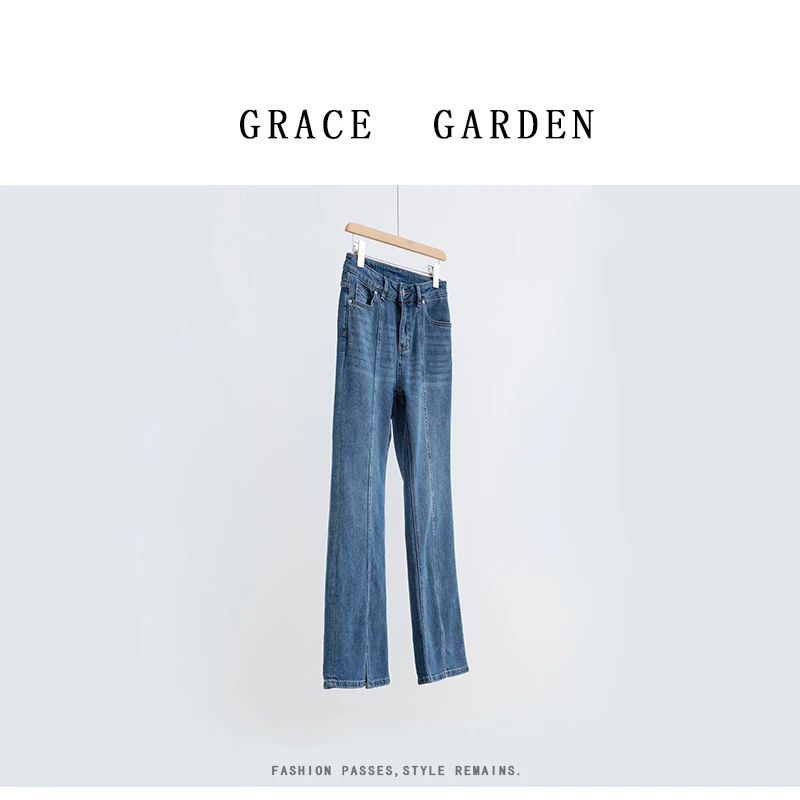 GRACE GARDEN【剪刀神裤！牛仔版！】微喇中线前开叉牛仔裤NZK5B0803