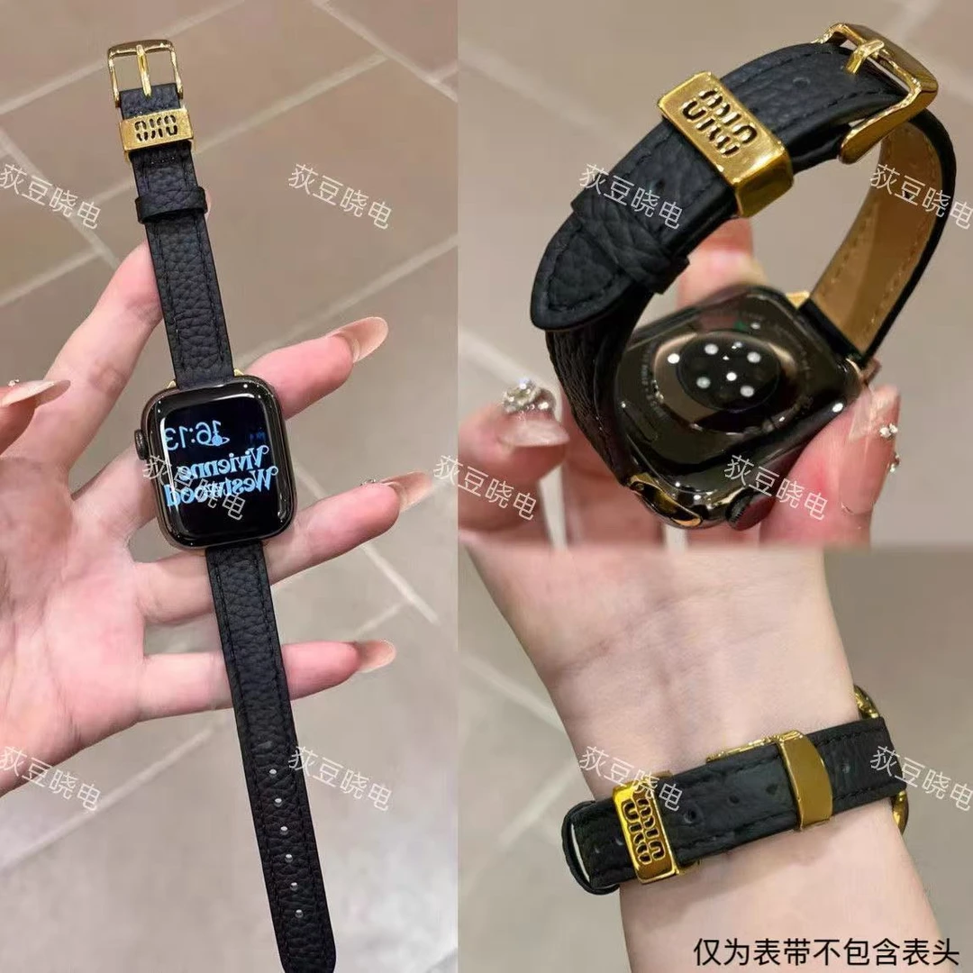 高级感荔枝纹皮质细款表带适用多款智能手表通用38-49mm手表表带