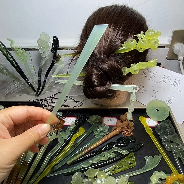 蛇纹石玉合金发饰扁素杆