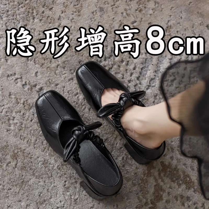 小个子内增高8cm方头玛丽珍鞋女真皮单鞋浅口小个子芭蕾舞高跟鞋