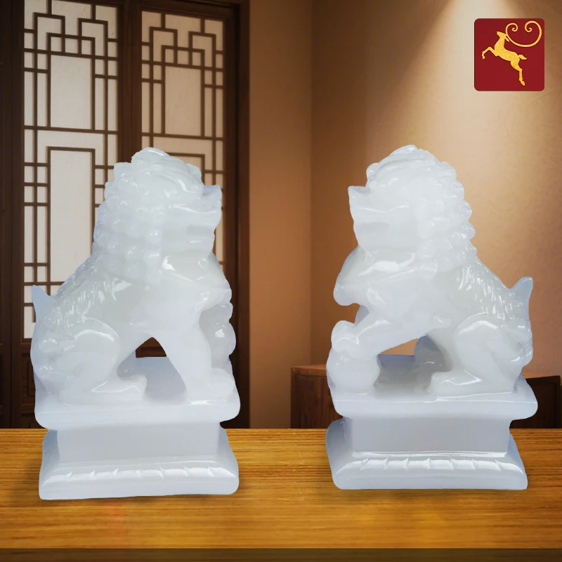 狮子摆件招财一对白玉色阳台门口办公室高档酒柜前台电视柜装饰品