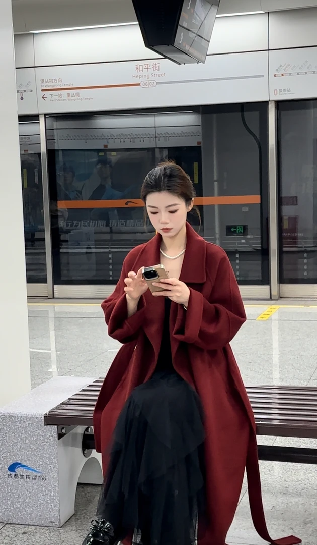 【西西里羊绒】双面羊绒时尚宽松长款洋气新娘大衣 L