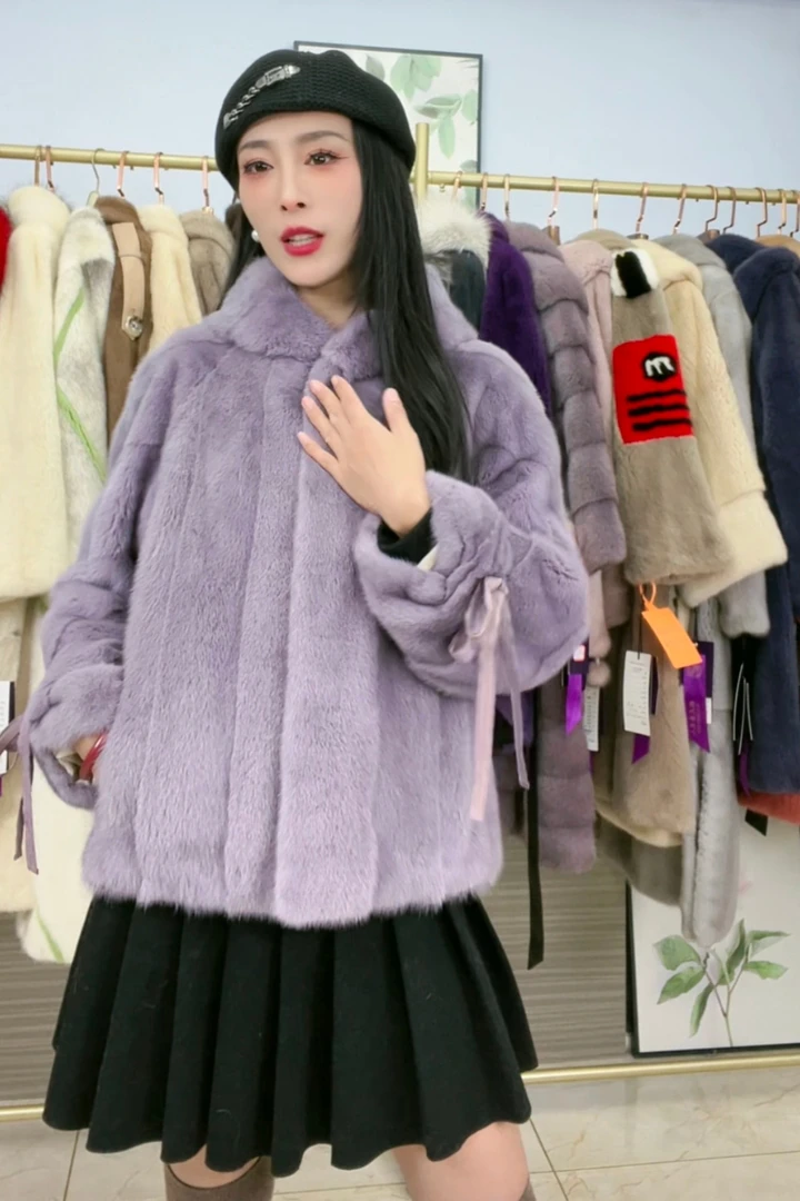 香芋紫色时尚绑带蝴蝶结短款貂皮大衣水貂皮草外套