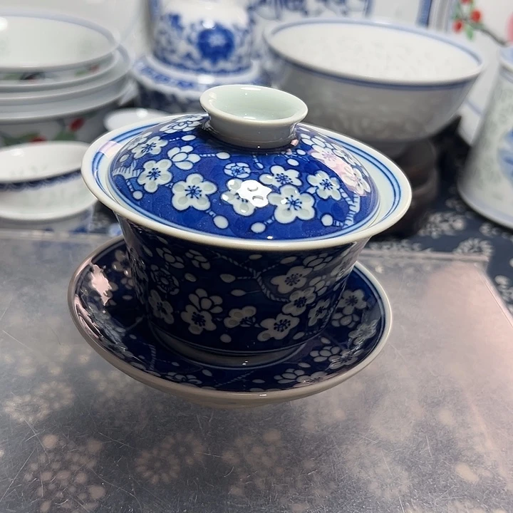 陶手绘冰梅三才盖碗一个雕刻功夫小茶杯