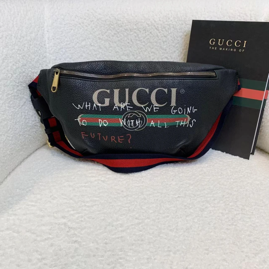 99新 GUCCI/古驰 壹臻/黑色印花腰包大号 86112425