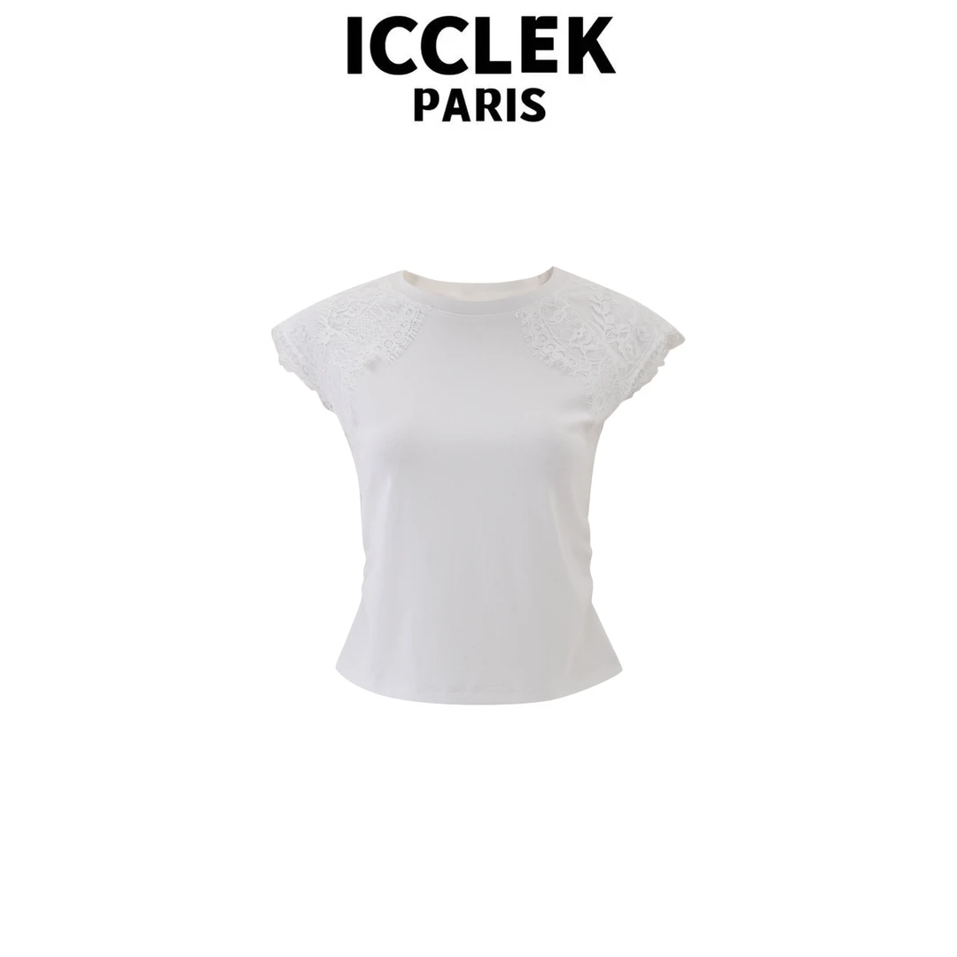 ICCLEK  白色蕾丝边百搭减龄夏季短袖轻奢时尚薄款针织衫  - 5656