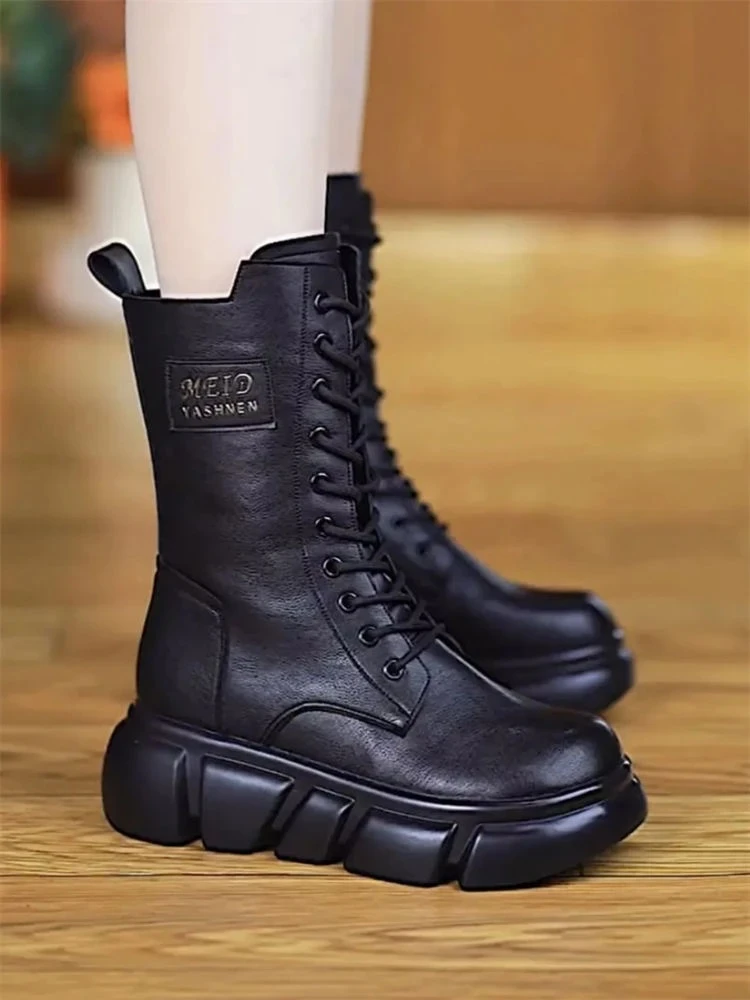 2025秋冬季新款厚底增高中筒马丁靴女英伦风松糕爆款加绒复古短靴