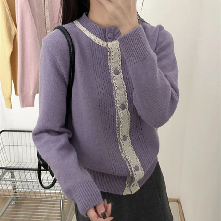 时尚秋冬蕾丝拼接洋气针织开衫女新款时髦减龄宽松百搭毛衣外套