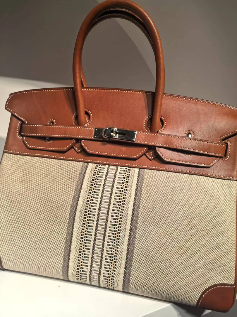 95新 Hermes/爱马仕 HIHI/帆布拼皮银扣Birkin35 框M刻