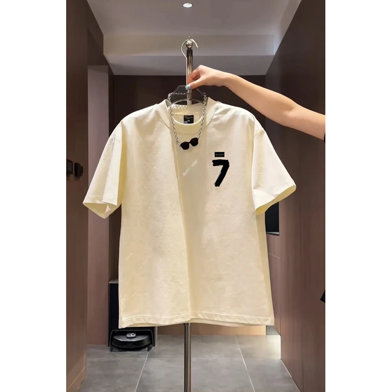 夏季新款男士短袖休闲2025数字印花圆领上衣百搭半袖潮牌打底T恤
