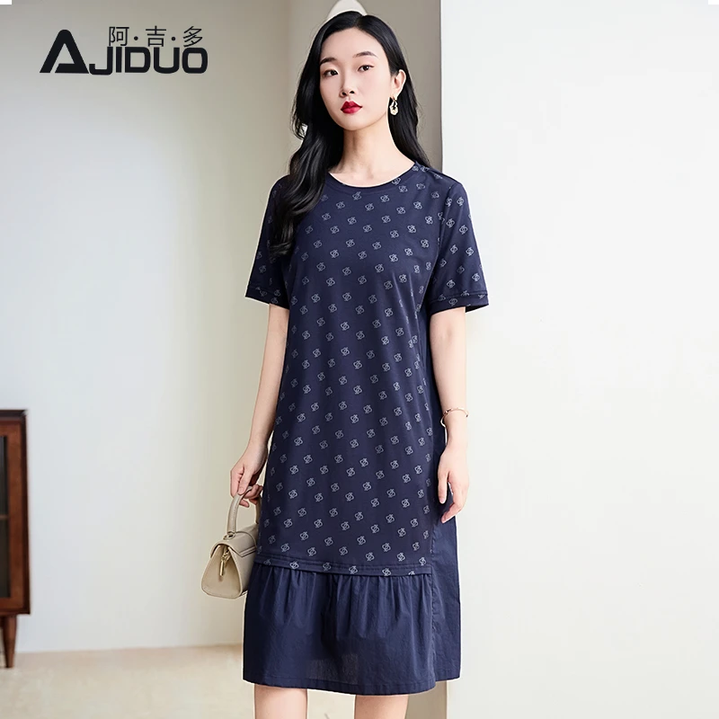 阿吉多蓝色短袖连衣裙女今年夏季新款时尚拼接鱼尾裙气质大码裙子