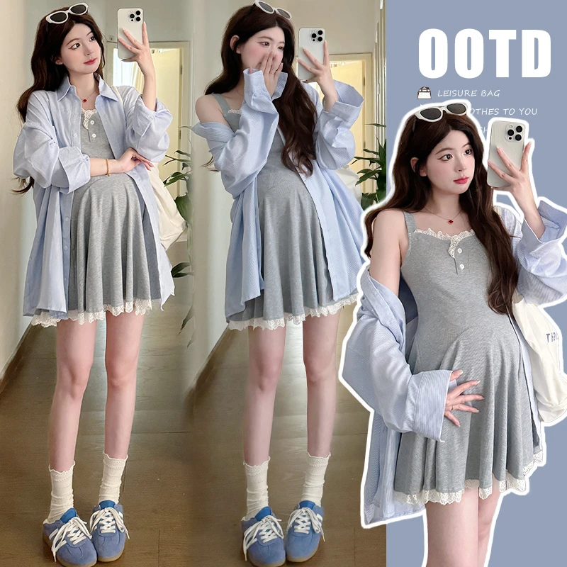 2025夏装孕妇韩版时尚辣妈弹力花边背心裙+蓝色条纹衬衫两件套装