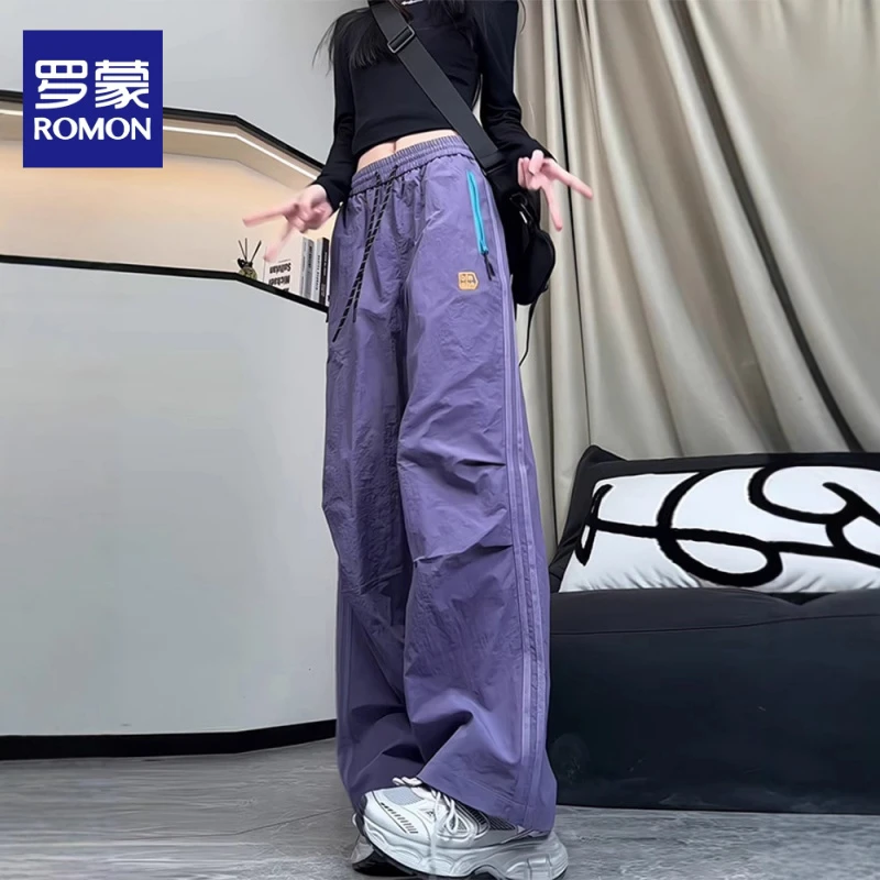 罗蒙美式撞色拉链褶皱伞兵工装裤男女春夏季运动速干直筒休闲冲锋