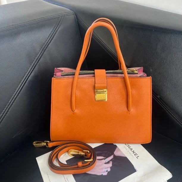 95新 MIU MIU/缪缪 捐金沉珠/橘色托特包单肩