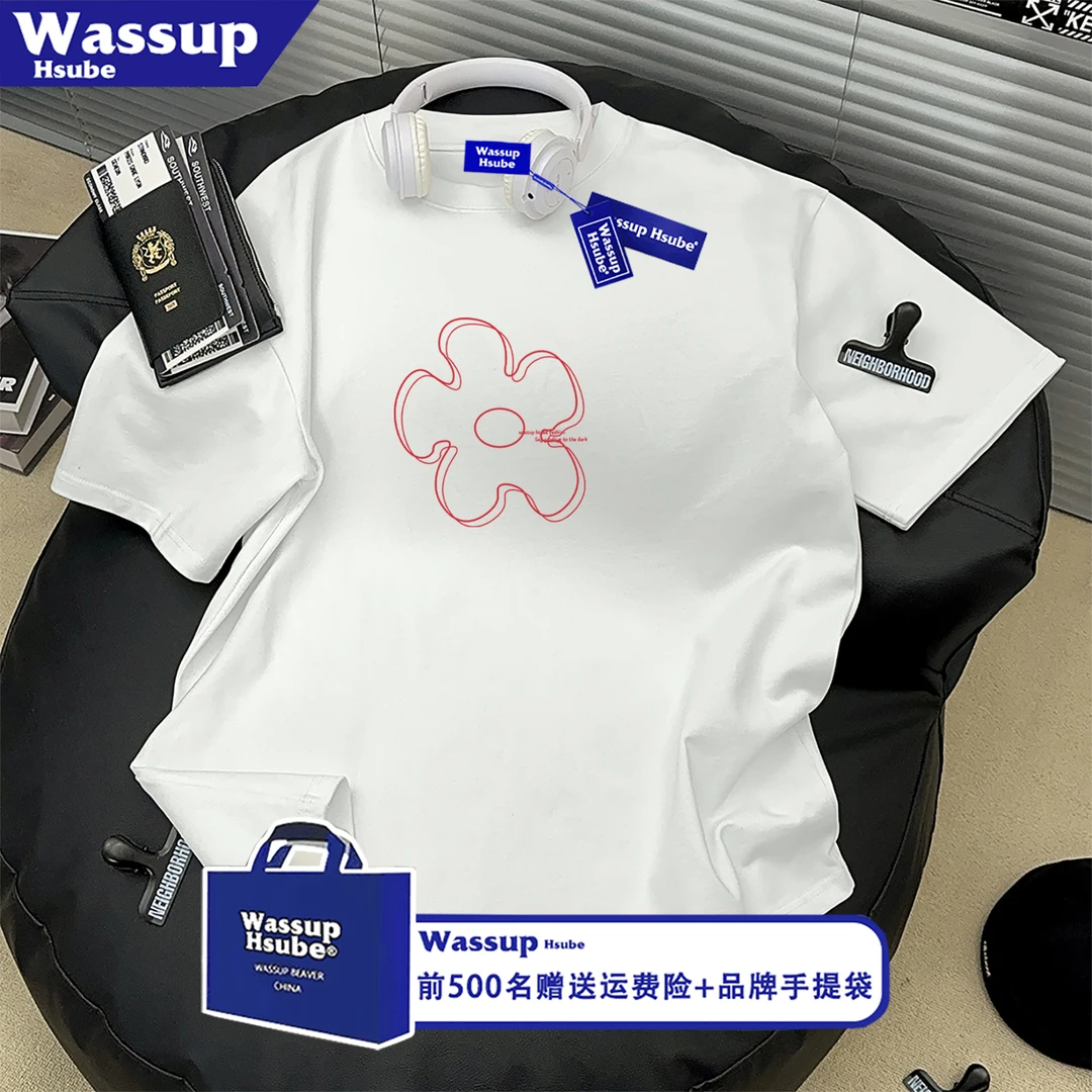 WASSUP HSUBE美式字母夏季简约花朵休闲印花短袖日常T恤男女纯棉