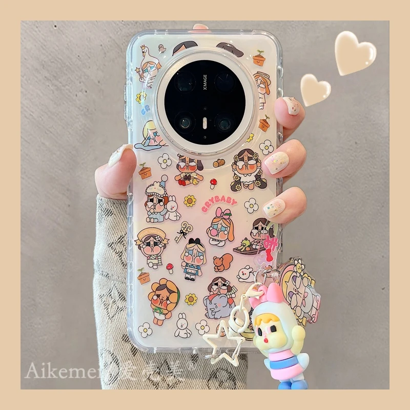 适用华为mate70pro+手机壳可爱卡通mate60pro+晕染围边哭娃带挂件