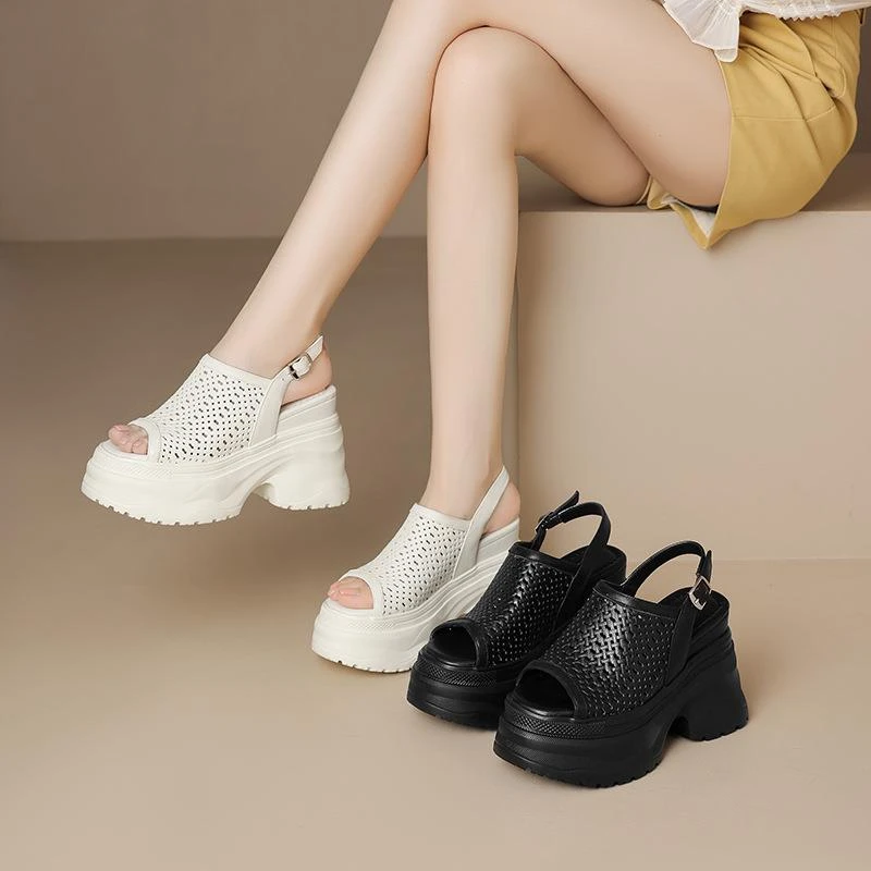 牛皮！新款12cm内增高凉鞋夏厚底镂空洞洞鞋编织坡跟罗马凉鞋鱼嘴