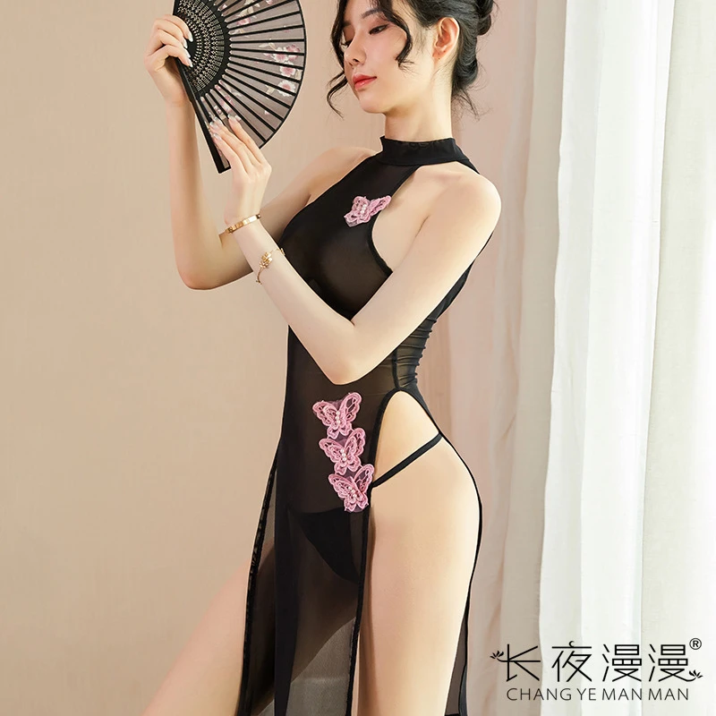 长夜漫漫情趣内衣女性感诱惑分体睡裙爆款蝴蝶透明长裙旗袍装1521