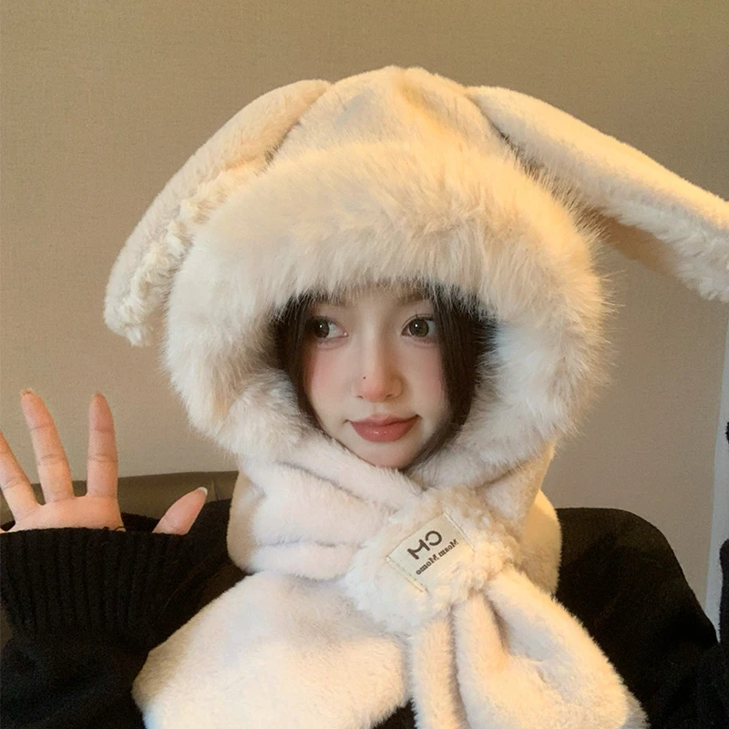 culv新款可爱兔耳朵毛绒帽子围巾一体两件套女秋冬季连帽围脖保暖