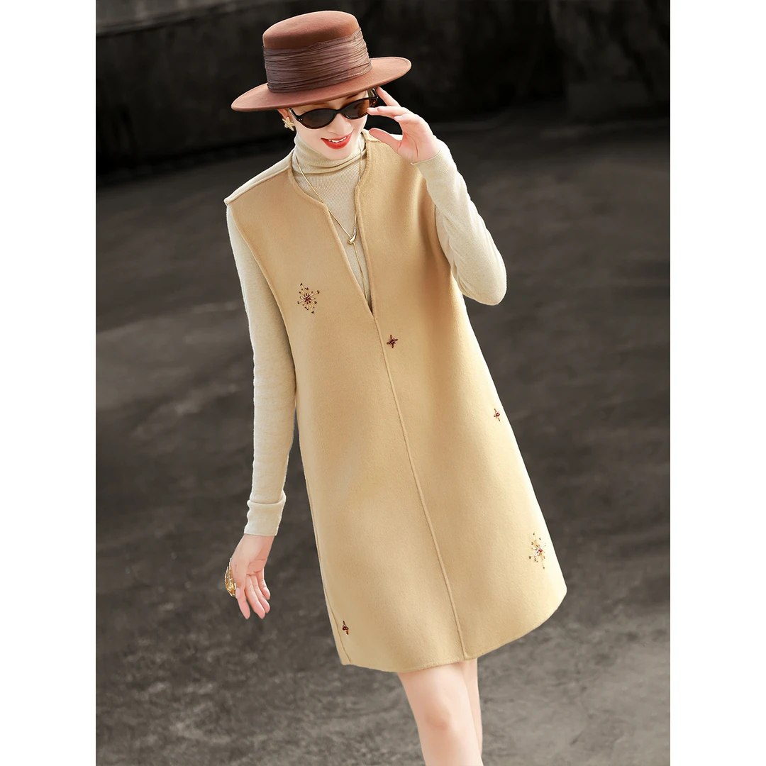 兰瑟儿秋冬裙子新款气质优雅钉珠双面呢马甲背心连衣裙105DL3543