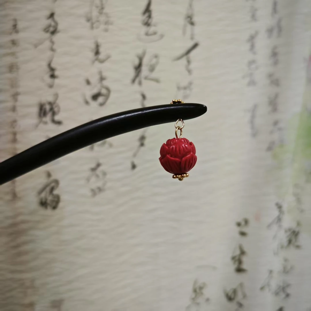 炑歌J406简约红色小莲花吊坠15公分发簪手工百搭木发簪