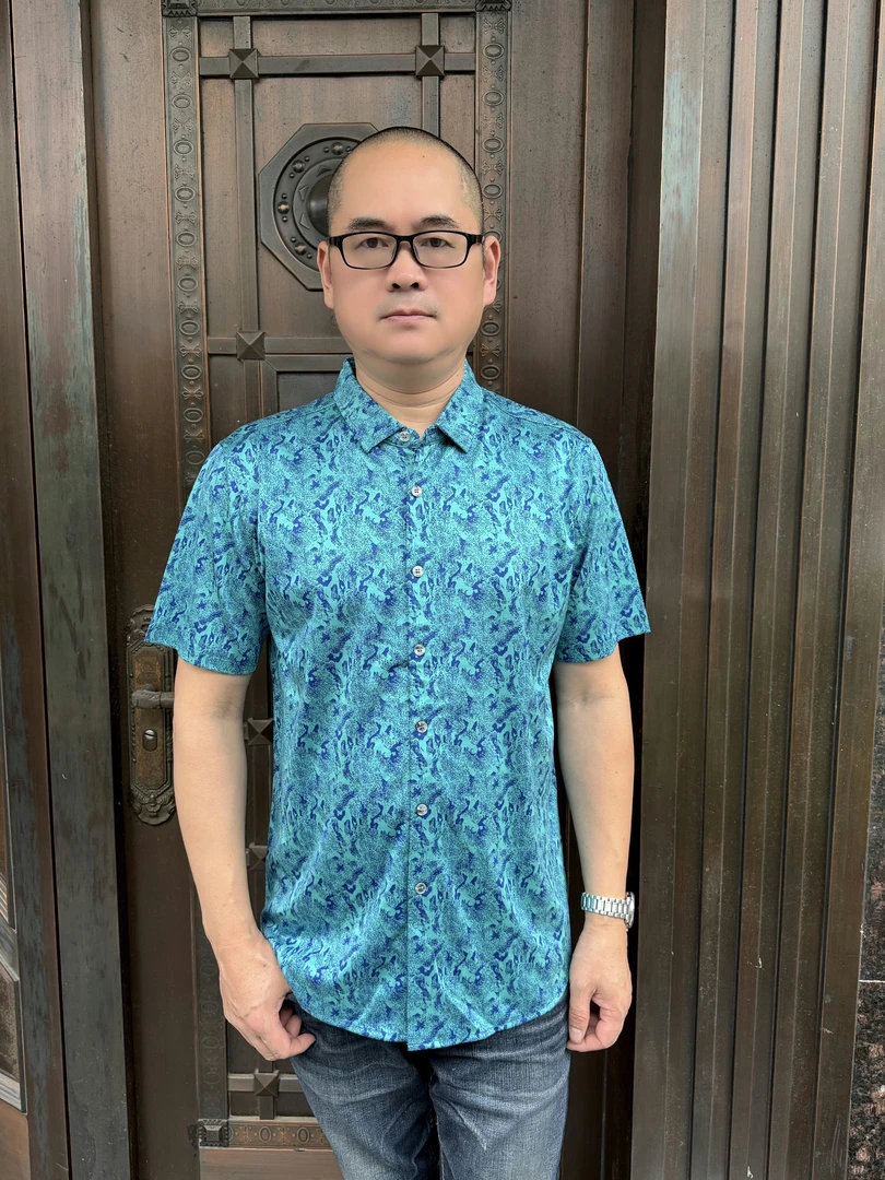 （帛贸蚕丝）60桑蚕丝40棉双面提花夏季男士短袖衬衫体闲中年男装