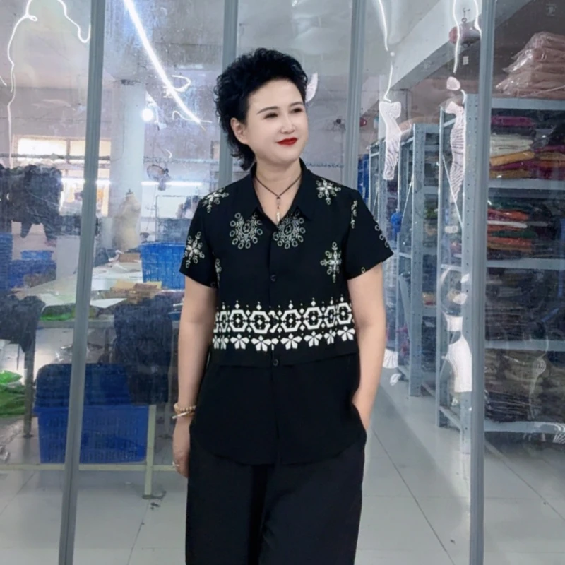 印花休闲衬衫宽松小衫薄款时尚衬衣领短袖防晒夏季显瘦洋气气质