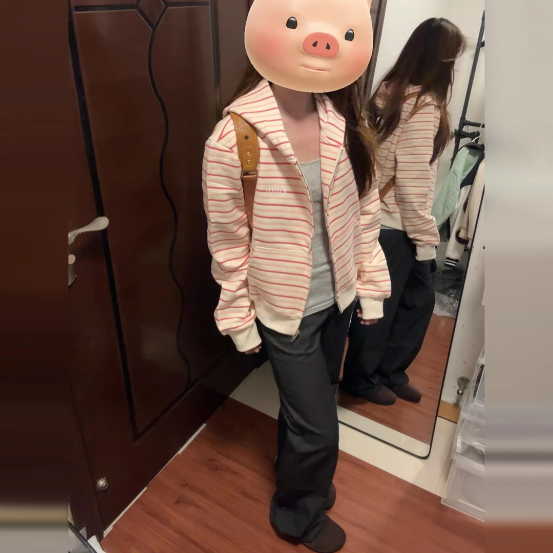 2025新款粉色条纹连帽卫衣女早秋穿搭宽松短款女士秋季机能短外套