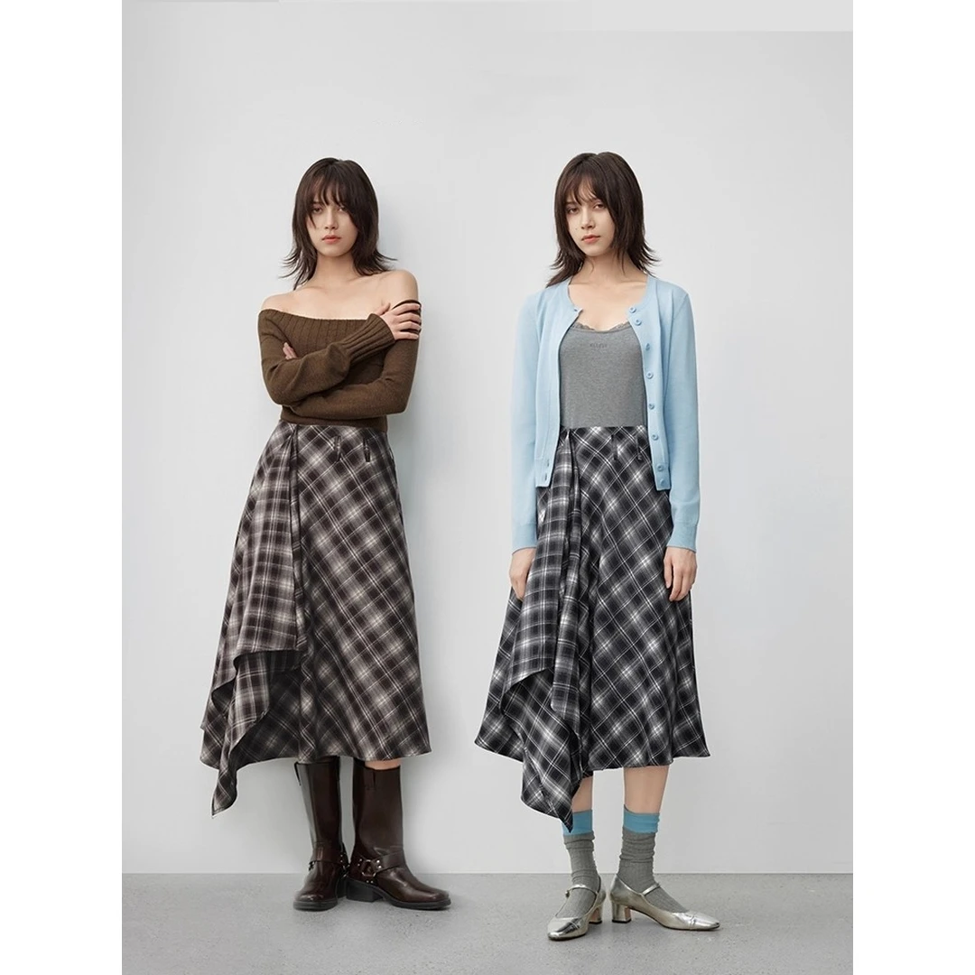 【MonTendre】秋冬新款 M 时尚经典格纹休闲设计感不规则长款半身裙