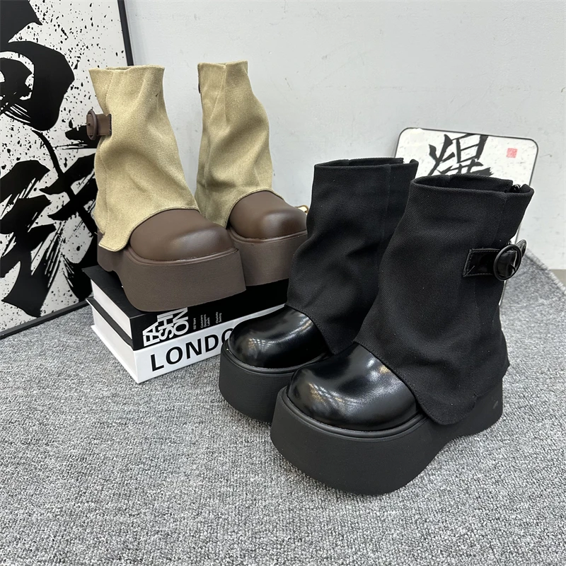 女士女鞋时尚百搭休闲厚底英伦风秋冬圆头秋季弹力靴瘦瘦靴复古鞋