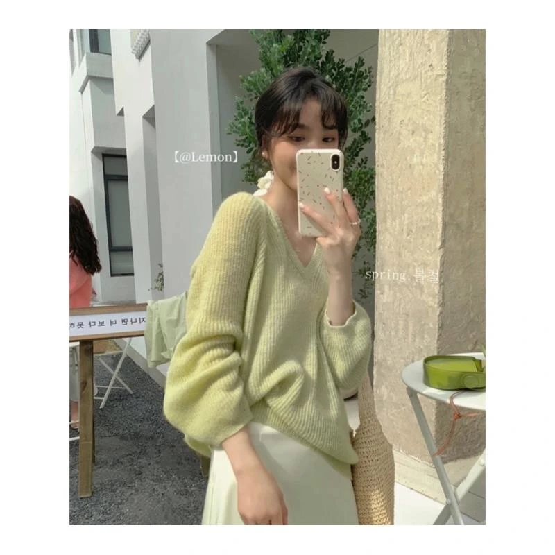 x新款小香风纯色软糯时尚百搭套头宽松V领高级感外穿针织上衣9818