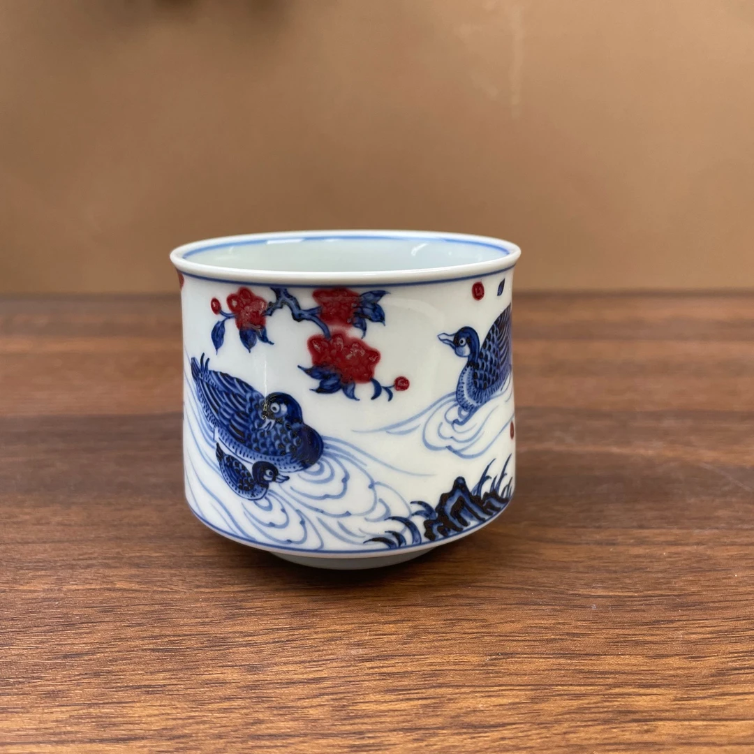 【望月御品】春江水暖鸭先知釉里红杯子 手工手绘景德镇容量110毫升