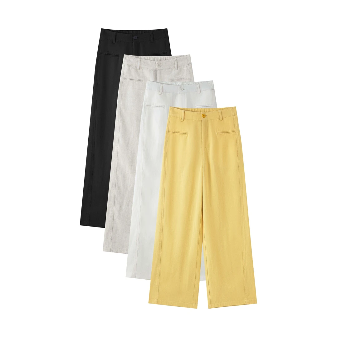 【张小题定制】夏季莱赛尔+亚麻窄版直筒休闲女裤高腰显瘦-6039