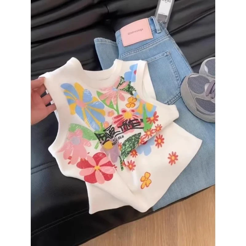 多巴胺彩色印花无袖背心女夏季外穿韩系减龄内搭修身显瘦短款上衣