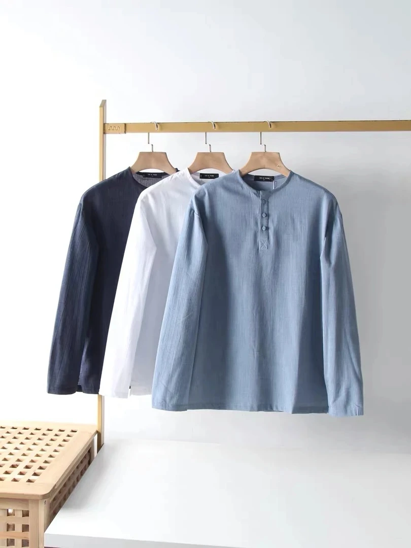 M111 韩系亨利圆领文艺风仿麻三色衬衫