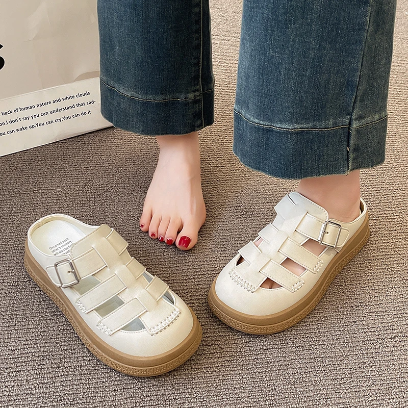 勃肯包头半拖鞋女外穿2025新款厚底女士配裙子软底高级感沙滩凉拖