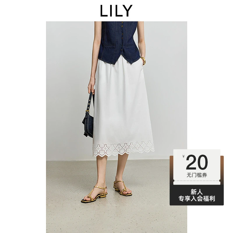 【一秒入夏】LILY2025夏新款法式镂空百搭直筒半身裙女125249C6964