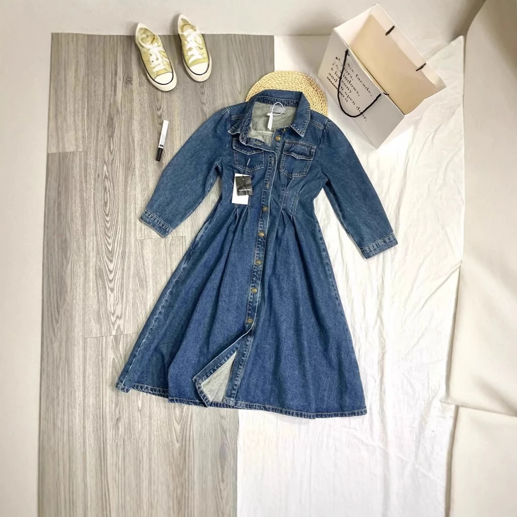 来西牛仔连衣裙时尚潮流显瘦气质宽松收腰中长款复古休闲长袖