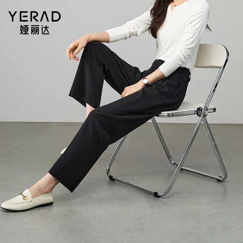娅丽达压褶阔腿裤宽松哈伦裤女春季裤子2025新款西装裤黑色休闲裤