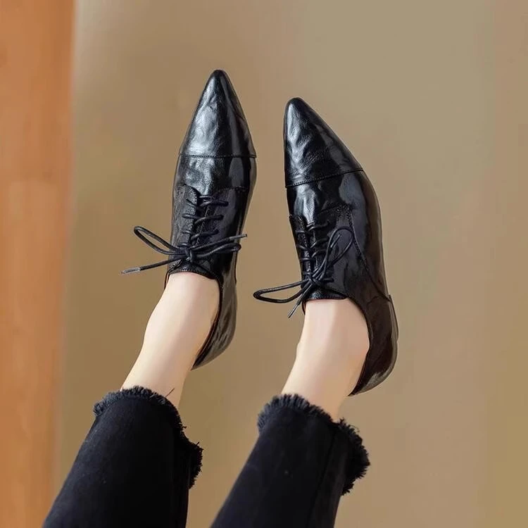 真皮尖头法式复古英伦风中粗跟系带小皮鞋女2025春秋新款深口单鞋