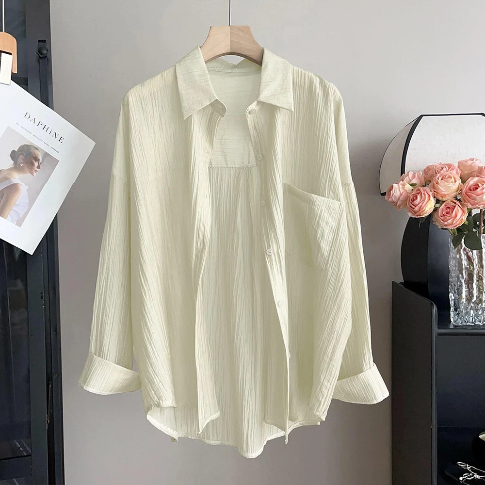夏季薄款宽松透气开衫衬衣女拼接休闲百搭凉感长袖衬衫9188