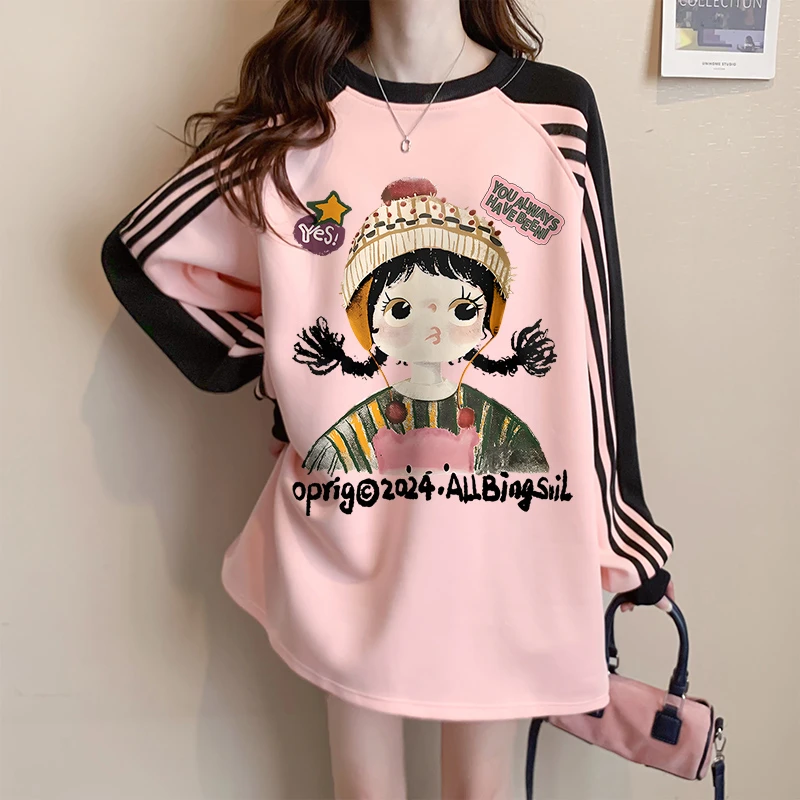 三条杠加绒加厚卫衣女秋冬季韩版宽松胖mm时尚减龄百搭卡通上衣潮