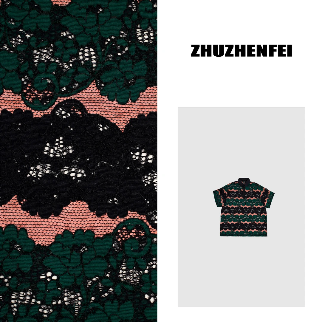 设计师原创新款休闲百搭时尚简约宽松镂空蕾丝绿粉POLO衫Z352075