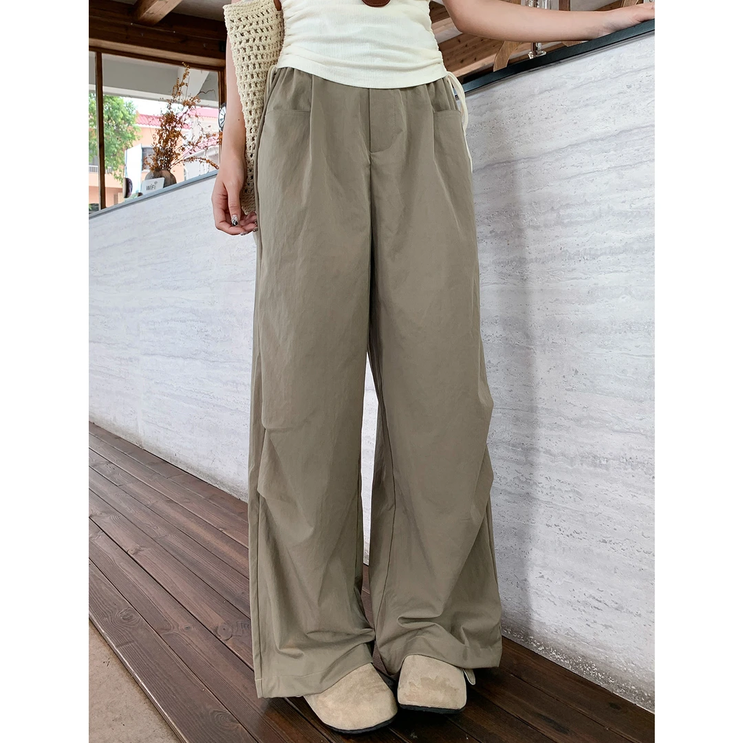 夏季松紧腰凉感薄款速干裤女显瘦高腰休闲宽松垂感直筒阔腿裤