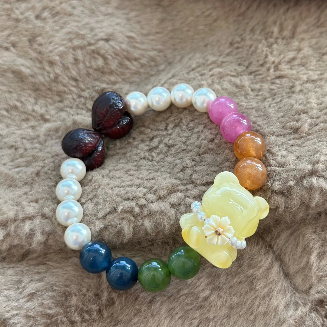 吉月蜜蜡小熊彩虹糖花花精美手串