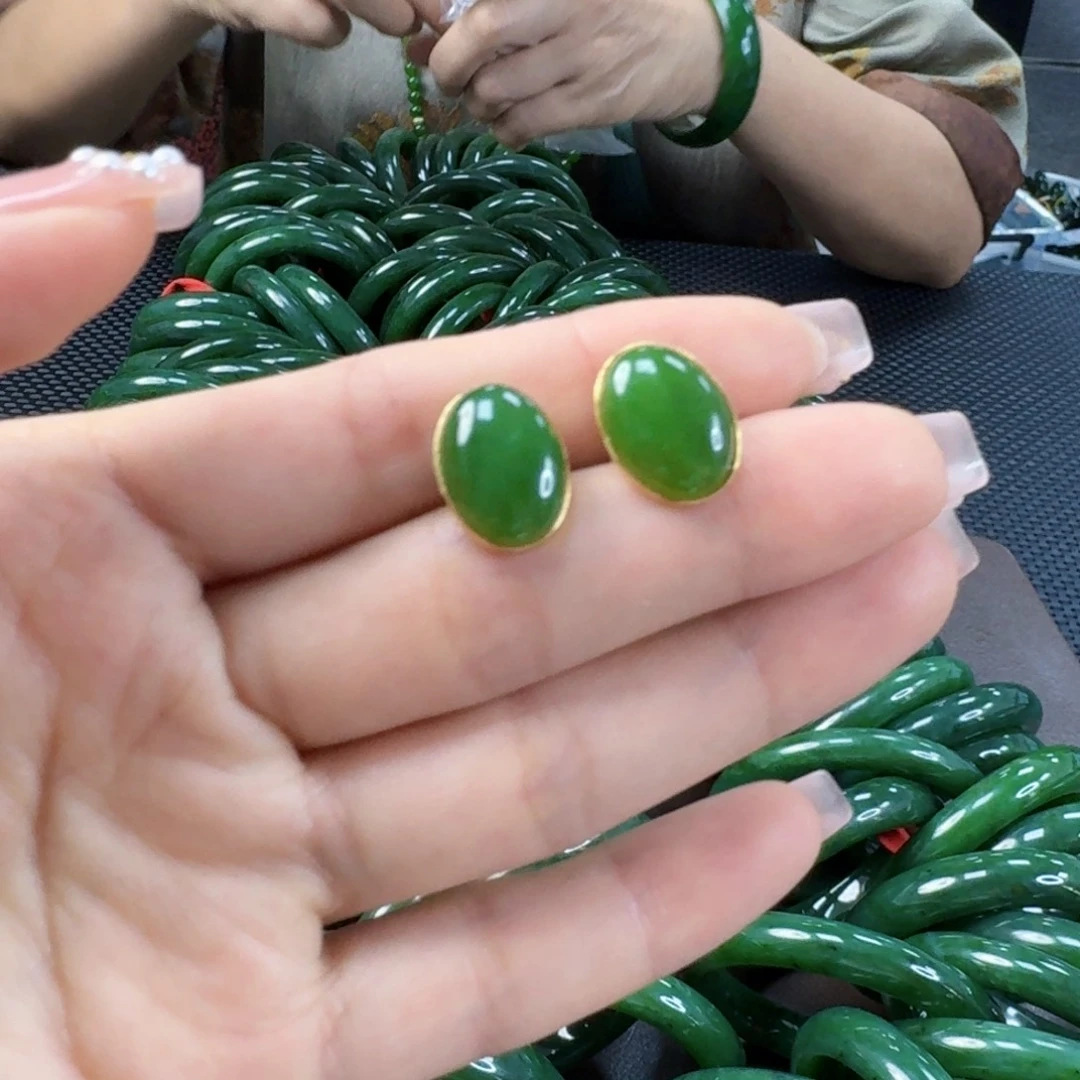 和田玉（碧玉）银S925镶嵌耳饰