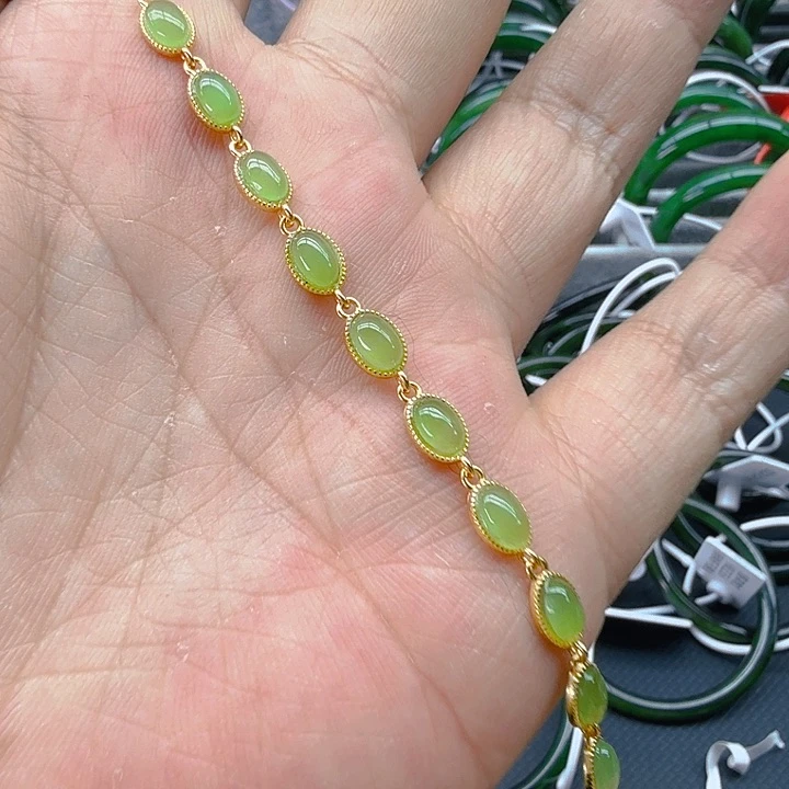 和田玉（碧玉）手链银S925镀金镶嵌